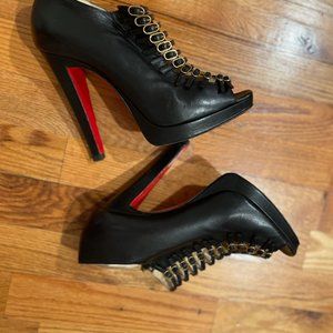 Christian Louboutin Black Leather Manon Buckle Detail Open Toe Ankle Boots